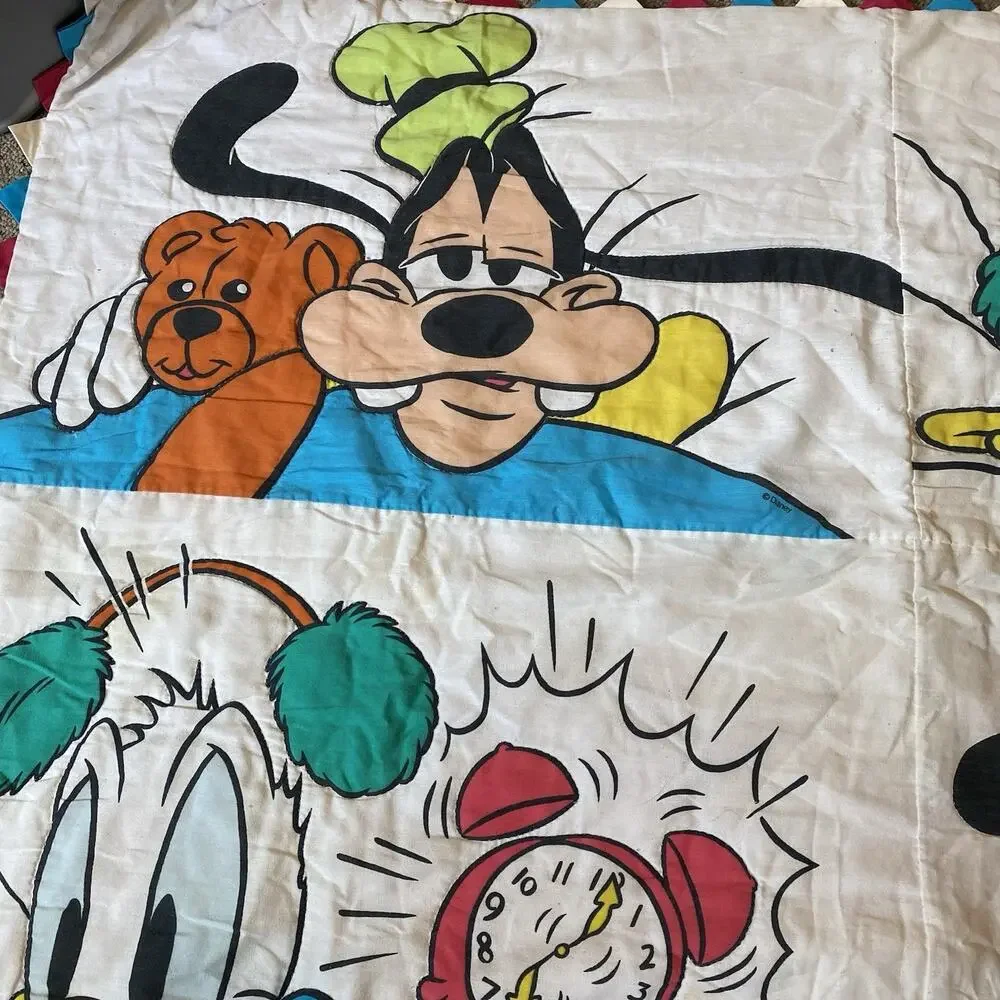 Vintage Disney Baby Crib Blanket Quilted Donald Goofy Alarm Clock Teddy 54”x36”